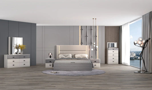 Modern bedroom with gray upholstered bed, nightstands, and dresser.