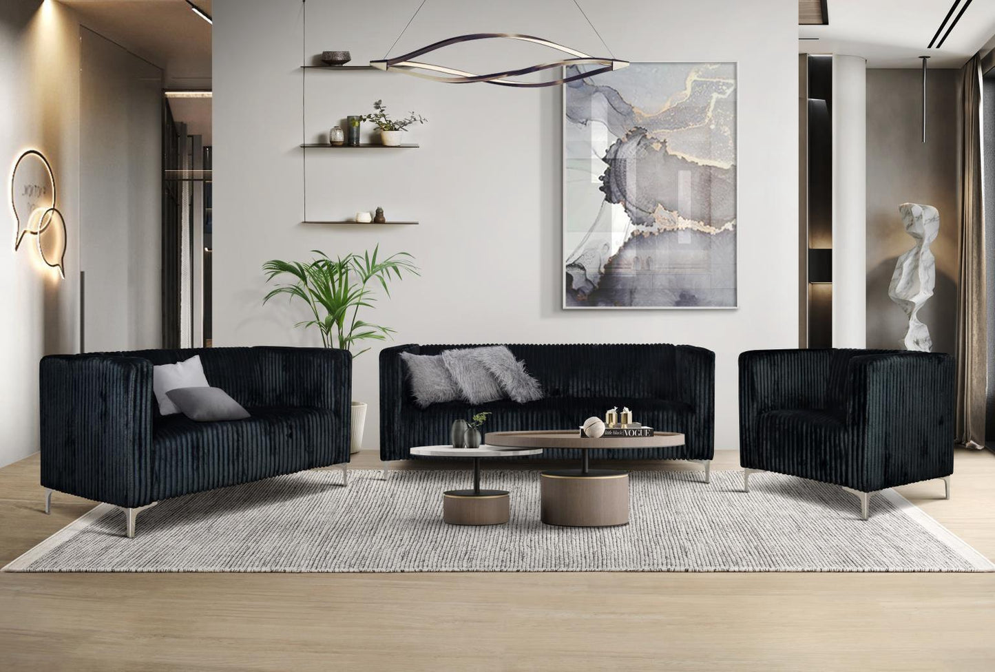 Modern living room with black sofa set and abstract art on the wall