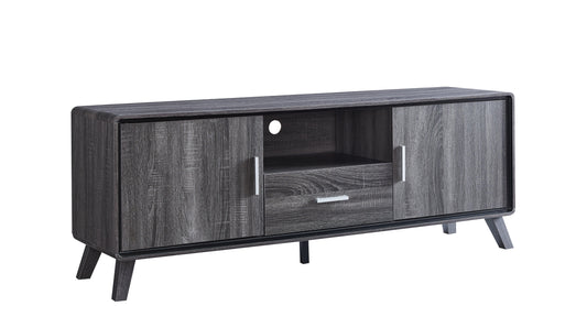 Wooden TV stand with a dark finish on a white background