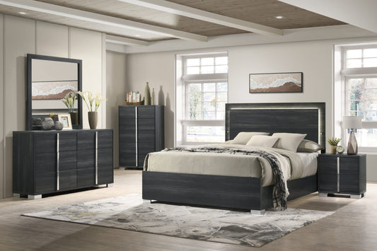 Modern bedroom with dark wood furniture including a bed, dresser, and nightstands.