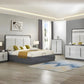 Modern bedroom with gray bed, nightstands, and dresser.