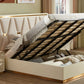 Beige upholstered bed with storage compartment in a bedroom setting