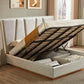 Modern bedroom with a bed featuring an open storage compartment.