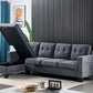 Gray sectional sofa with storage compartment in a living room setting.