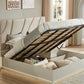 Modern bedroom with a bed featuring an open storage compartment.