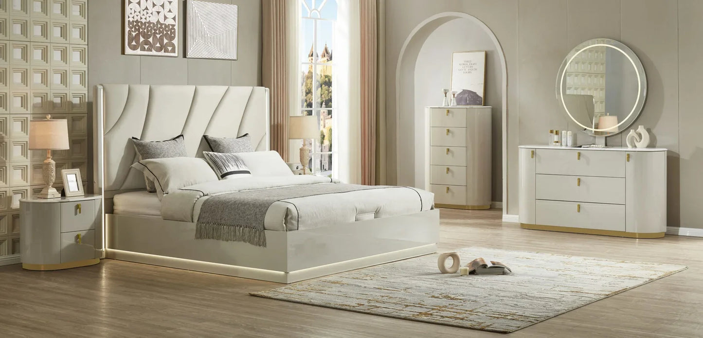 Neatly arranged bedroom with a bed, nightstands, and dresser.