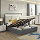 Modern bedroom with a gray upholstered bed, nightstand, and dresser.