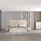 Modern bedroom with a bed, dresser, and mirror in a stylish room.