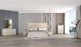 Modern bedroom with a bed, dresser, and mirror in a stylish room.