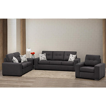 Gray sofa set with decorative pillows in a living room setting.