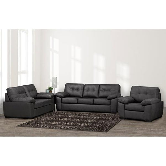 Gray sectional sofa set in a living room with a rug and decor items.