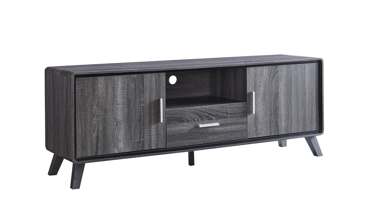 Wooden TV stand with a dark finish on a white background