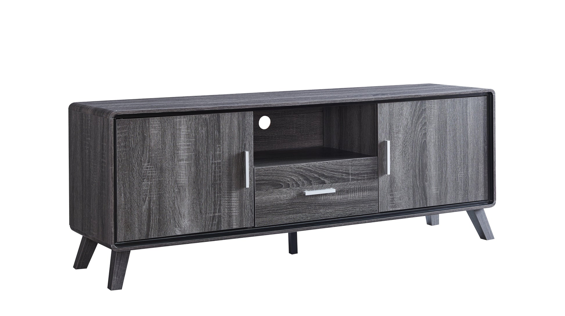 Wooden TV stand with a dark finish on a white background