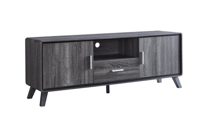 Wooden TV stand with a dark finish on a white background