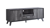 Wooden TV stand with a dark finish on a white background