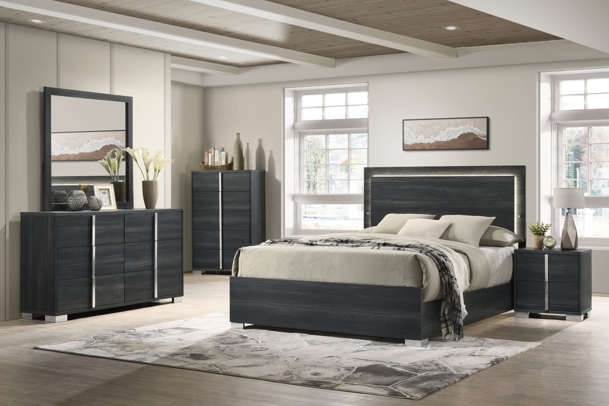 Modern bedroom with dark wood furniture including a bed, dresser, and nightstands.