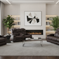 Modern living room with brown leather furniture, a fireplace, and decorative elements.