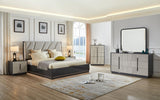 Modern bedroom with gray upholstered bed, nightstands, and dresser.
