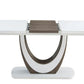 Modern dining table with a white top and brown base on a white background