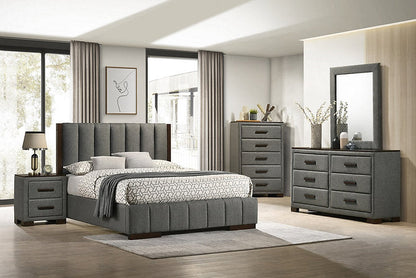 Gray bedroom set with bed, nightstands, and dresser in a modern room.