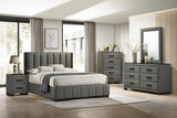 Gray bedroom set with bed, nightstands, and dresser in a modern room.
